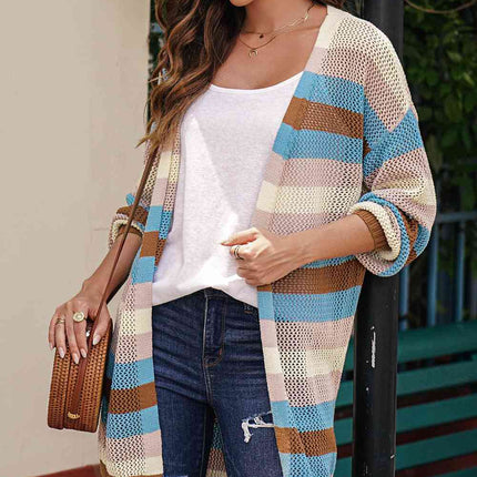 Full Size Striped Long Sleeve Openwork Cardigan