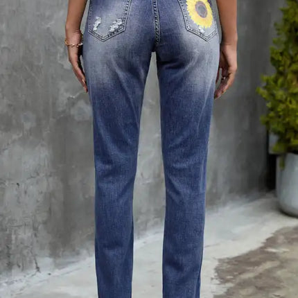 Jeans de cintura alta desgastados con estampado de girasol y patchwork de leopardo 