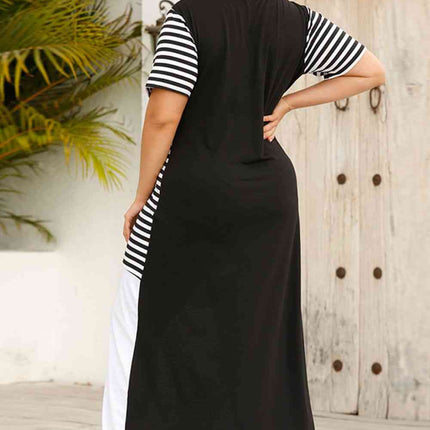 Plus Size Striped Color Block Round Neck Dress