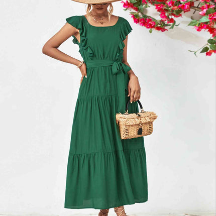 Tie Belt Ruffled Tiered Dress