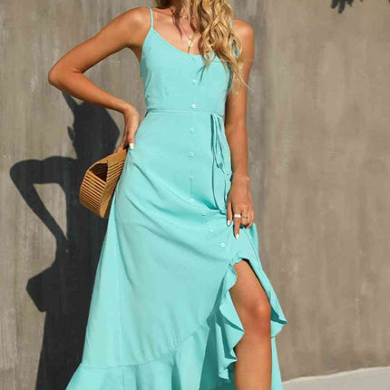 Decorative Button Spaghetti Strap Ruffle Hem Dress