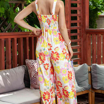 Floral Square Neck Smocked Wide Leg Jumpsuit