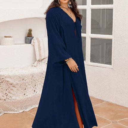 Plus Size Tie Neck Long Sleeve Slit Dress