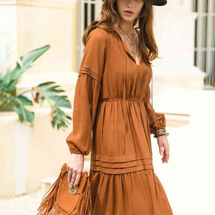 Tie Neck Long Sleeve Midi Tiered Dress