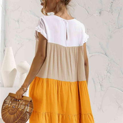 Color Block Round Neck Ruffle Hem Dress