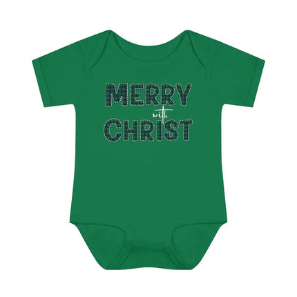 Short Sleeve Baby Onesie for Infants and Toddlers, Merry With Christ, Green Plaid Christmas Holiday Pattern Print