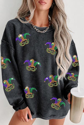 Printed Sequin Round Neck Dropped Shoulder Sweatshirt - Vickie Lynn's