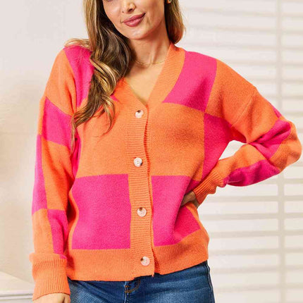 Woven Right Checkered V-Neck Dropped Shoulder Cardigan - Vickie Lynn's