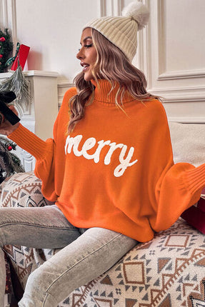 Merry Letter Embroidered High Neck Sweater - Vickie Lynn's