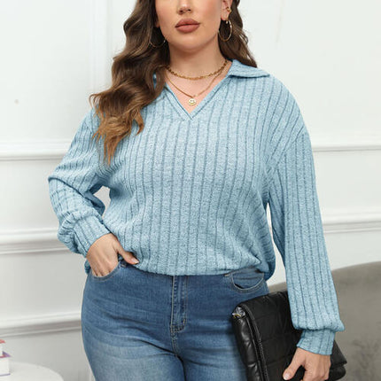 Plus Size Ribbed Collared Neck Long Sleeve Blouse