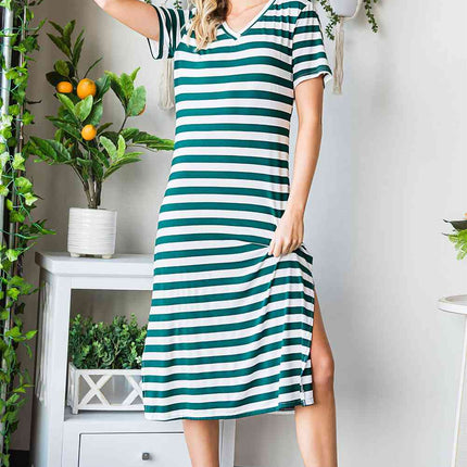 Striped V-Neck Short Sleeve Side Slit Dress