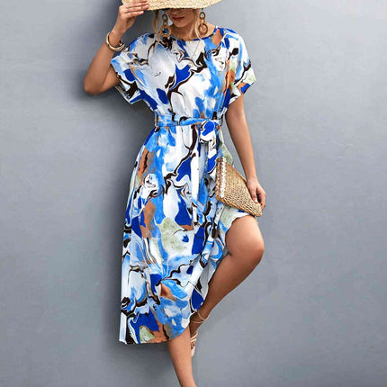 Round Neck Short Sleeve Tie Waist Midi Dress