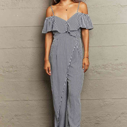 Striped Spaghetti Strap Cold-Shoulder Jumpsuit
