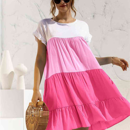 Color Block Round Neck Ruffle Hem Dress
