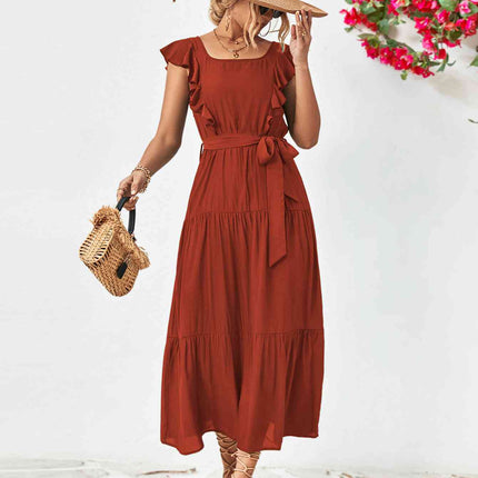 Tie Belt Ruffled Tiered Dress