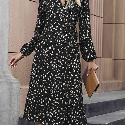 Printed Surplice Neck Long Sleeve Dress - Vickie Lynn's
