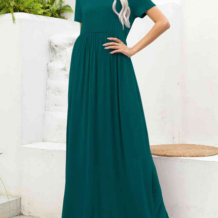 Round Neck Short Sleeve Maxi Dress with Pockets