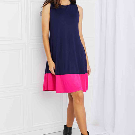 Yelete Full Size Two-Tone Sleeveless Mini Dress with Pockets