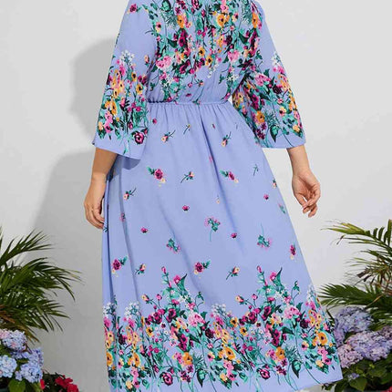 Plus Size Floral V-Neck Three-Quarter Sleeve Midi Dress