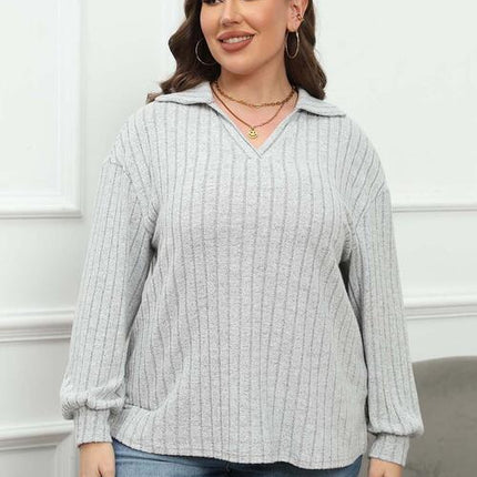 Plus Size Ribbed Collared Neck Long Sleeve Blouse
