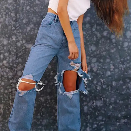 Vaqueros de pierna recta rasgados con personalidad suelta para mujer 