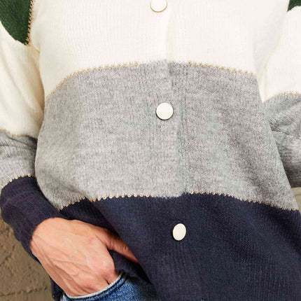 Woven Right Color Block V-Neck Button Down Cardigan