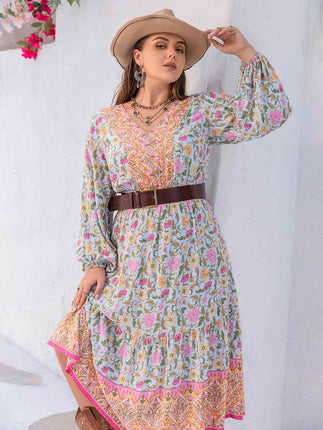 Plus Size Printed V-Neck Long Sleeve Dress