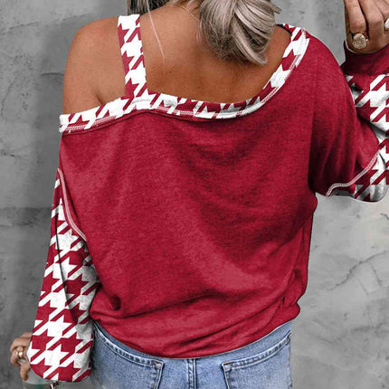 Houndstooth Long Sleeve Asymmetrical Neck Top