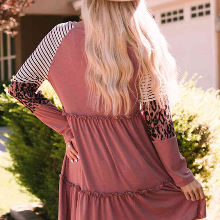Mixed Print Frill Trim  Long Sleeve Dress