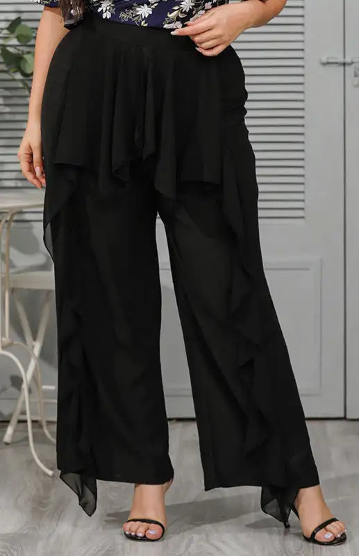 Pantalones negros con volantes de cintura alta para mujer 