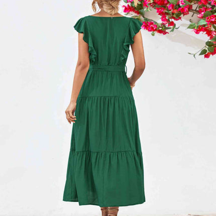 Tie Belt Ruffled Tiered Dress