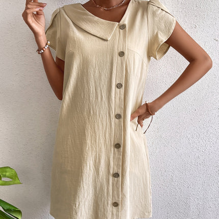 Decorative Button Asymmetrical Neck Short Sleeve Dress