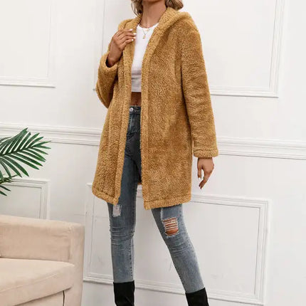 Gabardina con capucha y cárdigan de longitud media de lana de cordero para mujer 