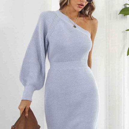 One Shoulder Raglan Sleeve Pencil Sweater Dress