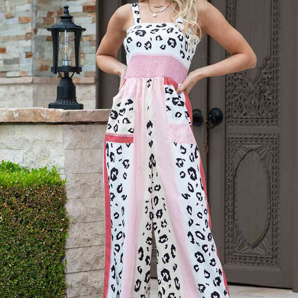 Leopard Color Block Smocked Jumpsuit