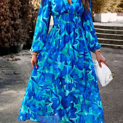 Printed V-Neck Long Sleeve Midi Dress