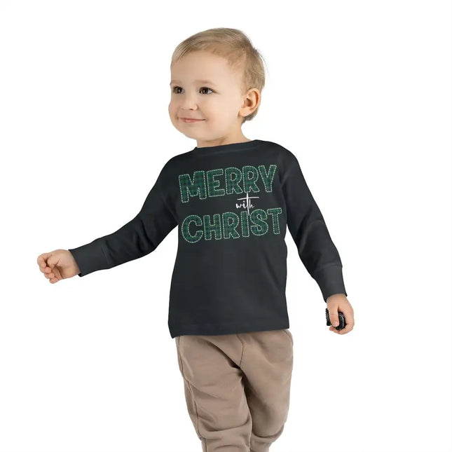 Long Sleeve Graphic T-Shirt for Toddlers, Merry With Christ, Green Plaid Christmas Holiday Pattern Print