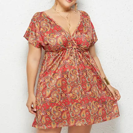 Women's Plus Size Deep V Print Dress