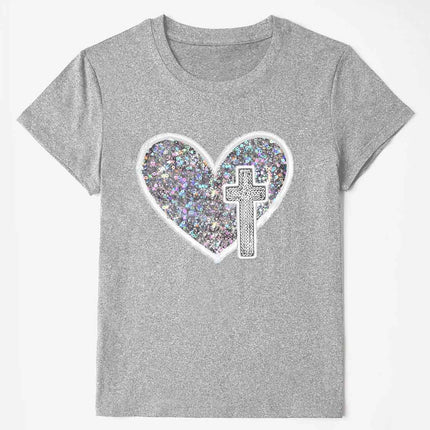 Sequin Heart Round Neck Short Sleeve T-Shirt
