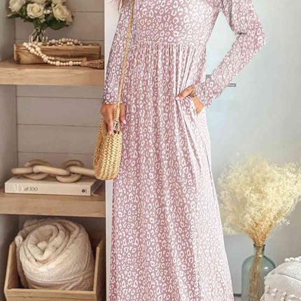 Leopard Round Neck Long Sleeve Maxi Dress