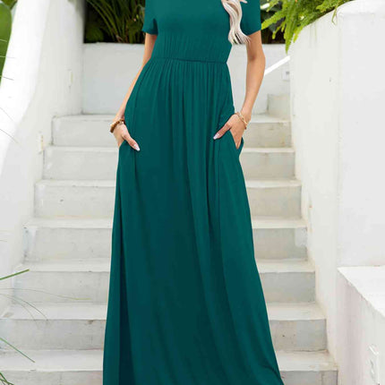 Round Neck Short Sleeve Maxi Dress with Pockets