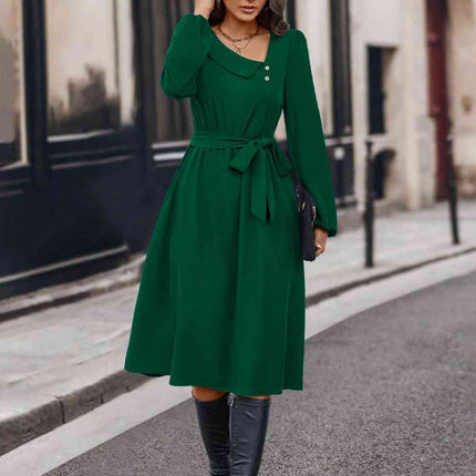 Buttoned Tie Front Long Sleeve Asymmetrical Neck Dress