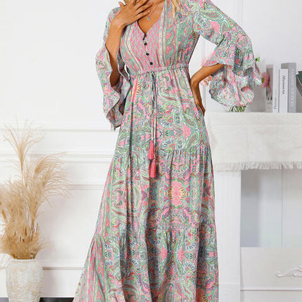 Printed Tassel Tie V-Neck Tiered Dress - Vickie Lynn's