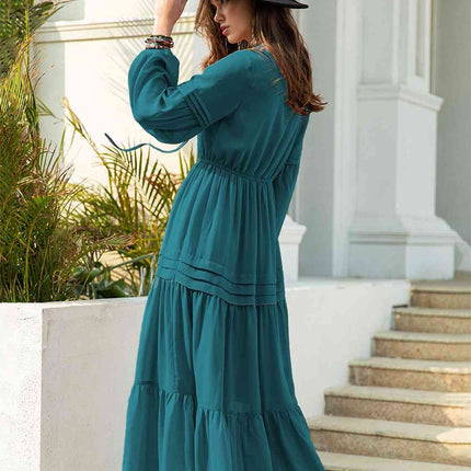 Tie Neck Long Sleeve Midi Tiered Dress