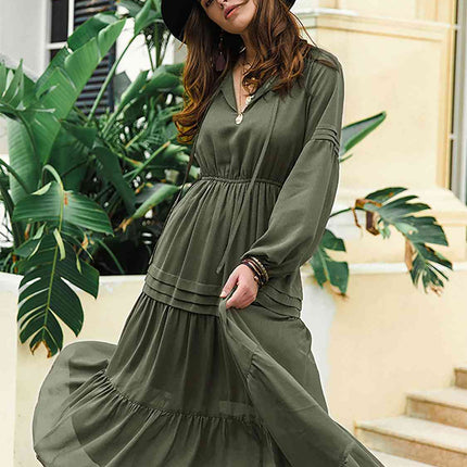 Tie Neck Long Sleeve Midi Tiered Dress