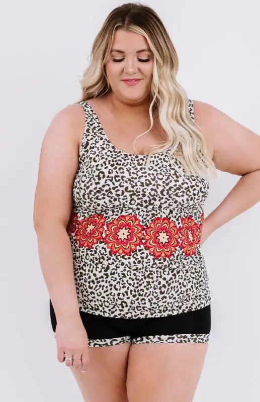 Tankini de talla grande sin mangas con estampado de leopardo 