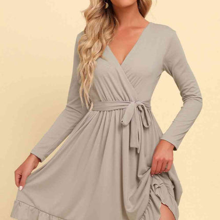 Long Sleeve Tie Waist Ruffle Hem Dress - Vickie Lynn's