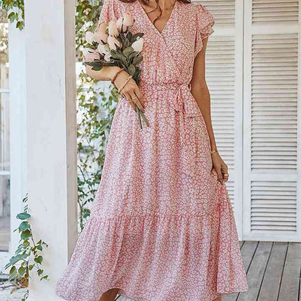 Leopard Surplice Neck Flutter Sleeve Dress