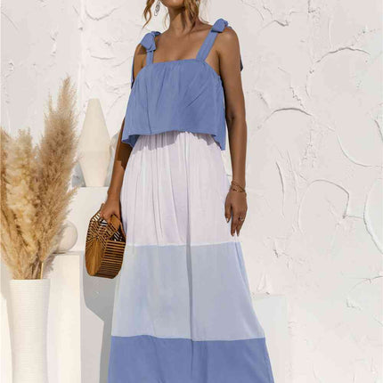 Color Block Tie Shoulder Tiered Sleeveless Dress
