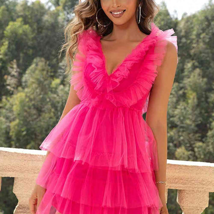 Ruffled V-Neck Sleeveless Mesh Dress